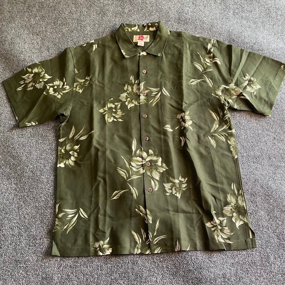 Hilo Hattie Mens Silk Hawaiian Shirt Olive Green Floral Tropical Camp L 357